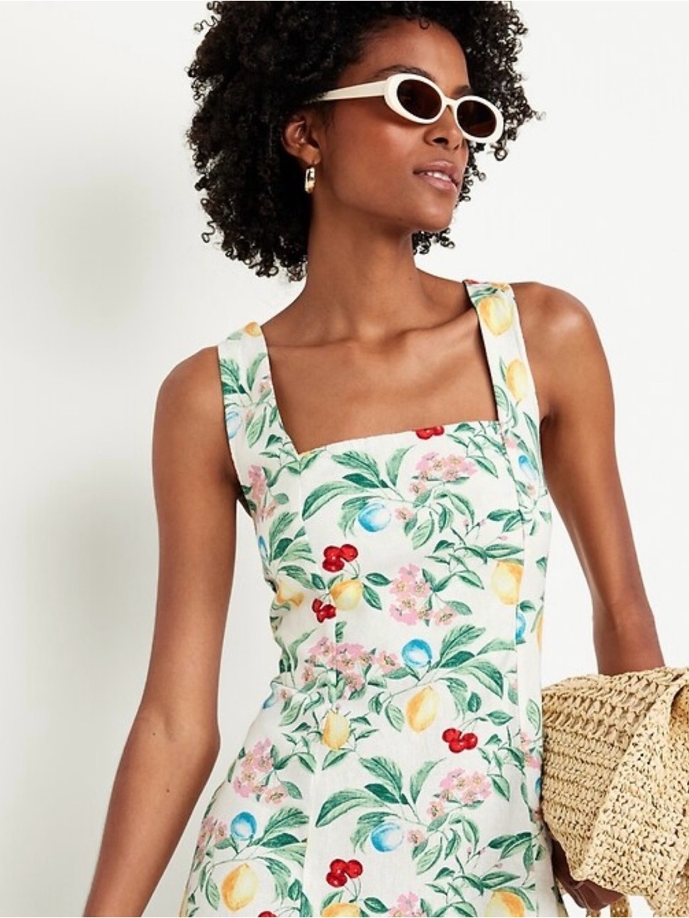Old Navy White Floral Sundress with Green Leaves and Yellow Lemon Print